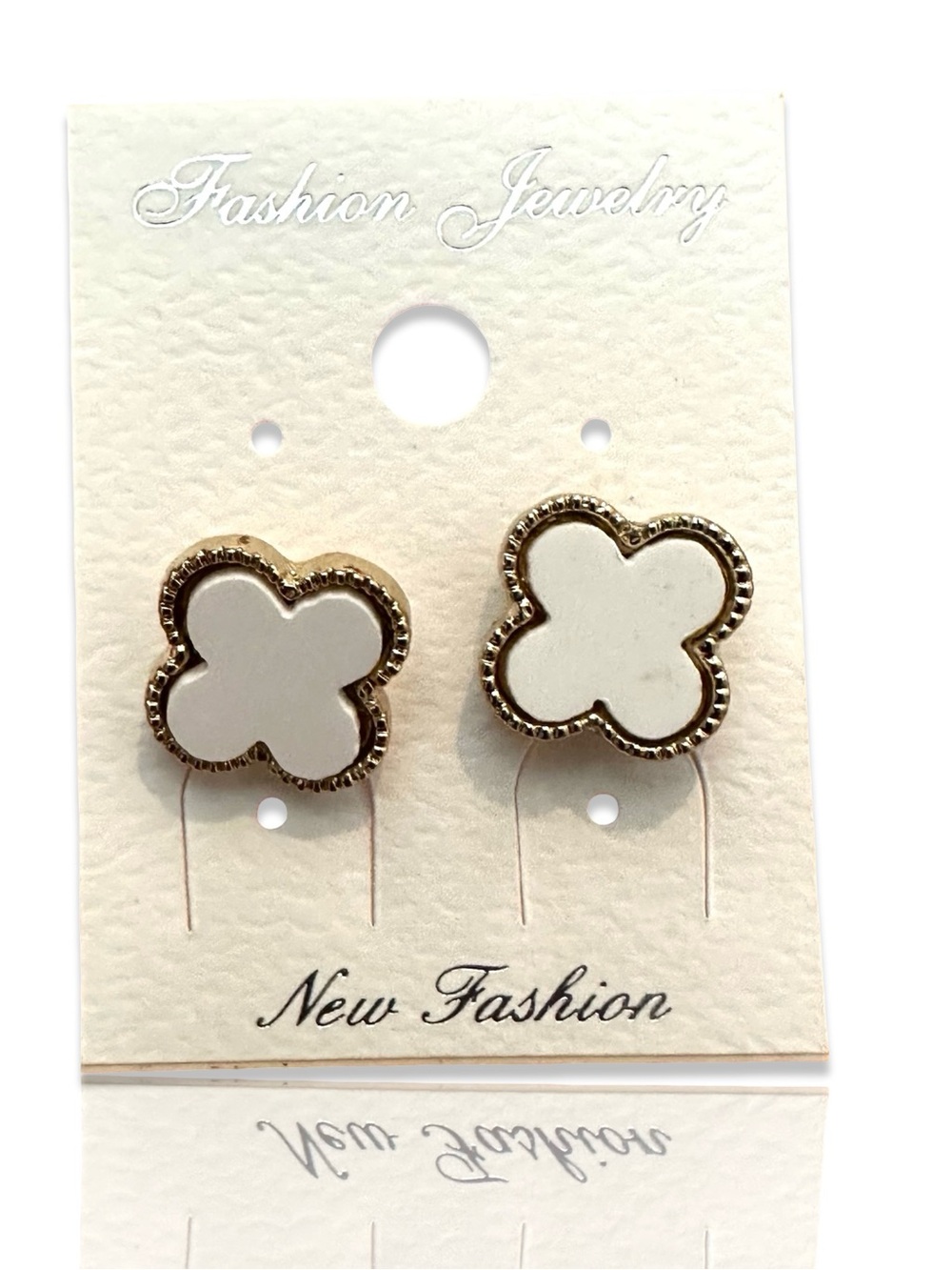 (3 for $25) Gold-Trim White Clover Stud Earrings